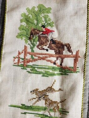 SALE!! Unique! Vintage Fox Hunting Needlepoint Bell Pull Horses Hounds